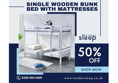 50% OFF - Single Wooden Bunk Bed with Mattresses For Sale