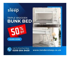 Elevate Your Bedroom with Triple Wooden Bunk Beds!" buy now up to 50% off