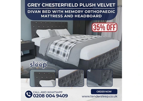 Grey Chesterfield Divan Bed Set with Memory Ortho Mattress  up to 35% off