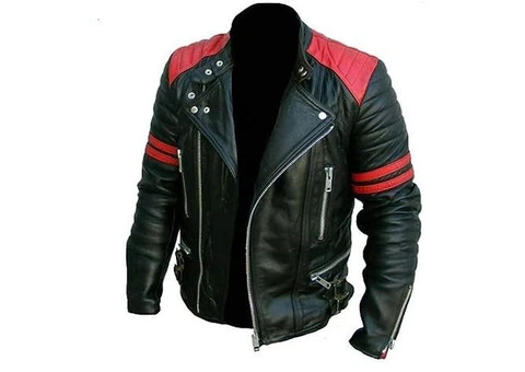 Jorde Calf Men’s Cafe Racer Red Stripes Biker Leather Jacket