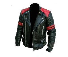 Jorde Calf Men’s Cafe Racer Red Stripes Biker Leather Jacket