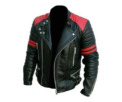 Rev Up Your Style: Men's Cafe Racer Red Stripes Biker Leather Jacket