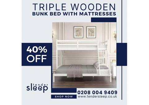 Triple Wooden Bunk Bed Set with Comfy Mattresses" . shop now 40% off