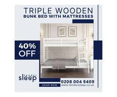Triple Wooden Bunk Bed Set with Comfy Mattresses" . shop now 40% off