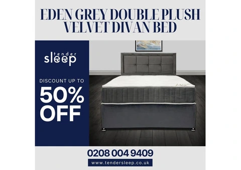 The Eden Grey Double Plush Velvet Divan Bed". shop now 50% off