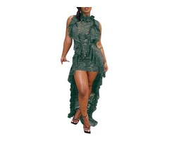 Women's Sexy Ruffle Black Lace Dress See Through Sleeveless240603