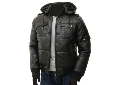Men's Black Hooded Bomber Leather Jacket
