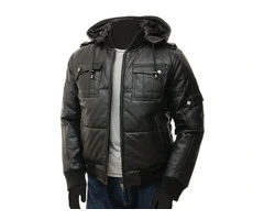 Men's Black Hooded Bomber Leather Jacket