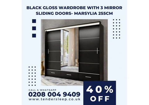 Buy Black Gloss Wardrobe with 3 Mirror Sliding Doors- Marsylia 255cm- Upto 45% OFF