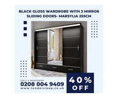 Buy Black Gloss Wardrobe with 3 Mirror Sliding Doors- Marsylia 255cm- Upto 45% OFF