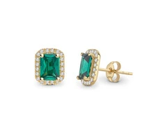 Exquisite 18K Yellow Gold Emerald Halo Stud Earrings