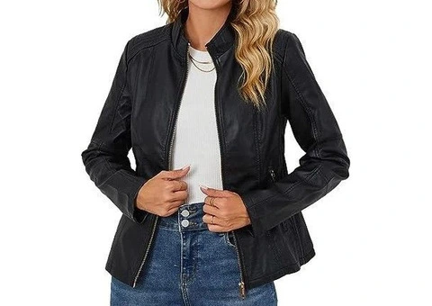 Jorde Calf Women's Black Stand Collar Casual Leather Jacket - 1/3