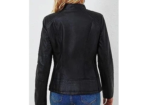 Jorde Calf Women's Black Stand Collar Casual Leather Jacket - 2/3