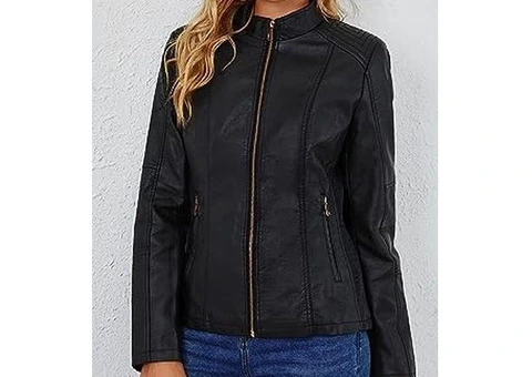Jorde Calf Women's Black Stand Collar Casual Leather Jacket - 3/3