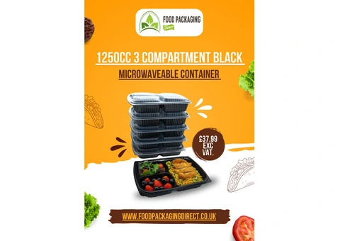 1250cc 3 Compartment Black Microwaveable Container