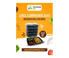1250cc 3 Compartment Black Microwaveable Container