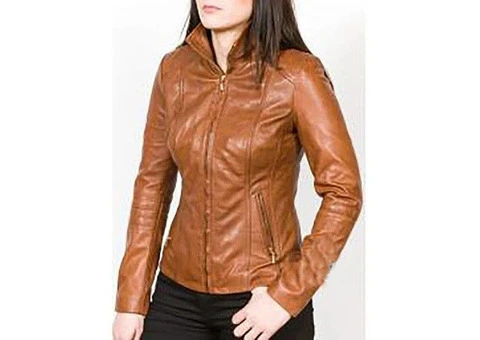 Jorde Calf Women's Classic Brown Zip Up Casual Leather Jacket