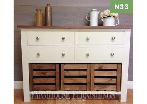 Discover farmhouse charm with Farmhouse Furnishings' exquisite wooden sideboards.