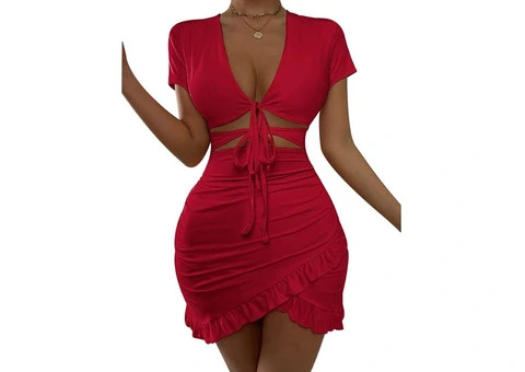Sexy Ruched Ruffles Deep V Neck Dress Hollow Lace Up Tie240803 - 2/2