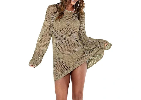 Cute Knitted Crochet Hollow Out Long Sleeve Mini Dress240803