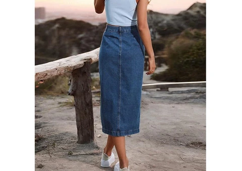 Women's High Waisted Denim Skirt Denim Button0803 - 2/2