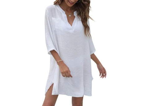 Summer Thin Solid V-Neck Long Sleeved Dress0803