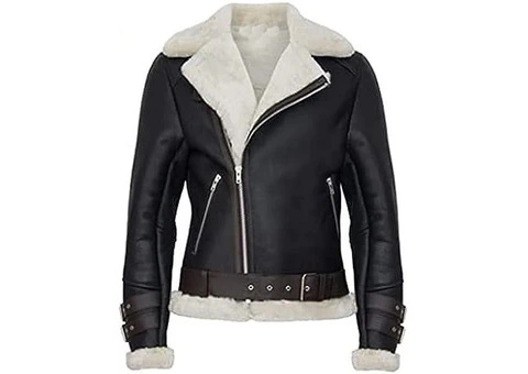 Jorde Calf Women’s Black Fur Collar Aviator Jacket | Real Lambskin Belted Leather Zip-Up - 1/3