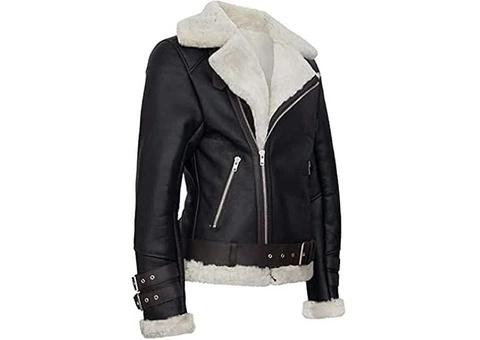 Jorde Calf Women’s Black Fur Collar Aviator Jacket | Real Lambskin Belted Leather Zip-Up - 2/3