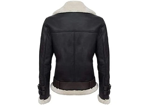 Jorde Calf Women’s Black Fur Collar Aviator Jacket | Real Lambskin Belted Leather Zip-Up - 3/3