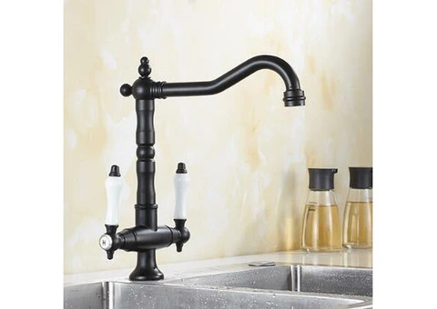 Traditional Double Handle Antique Classic Black Kitchen Sink Mixer Tap T0265B - 1/4