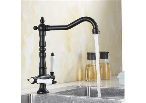 Traditional Double Handle Antique Classic Black Kitchen Sink Mixer Tap T0265B - 2/4