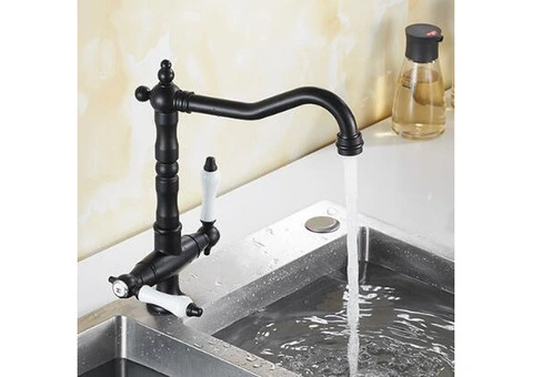 Traditional Double Handle Antique Classic Black Kitchen Sink Mixer Tap T0265B - 3/4