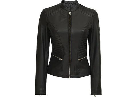 Jorde Calf Women’s Cafe Racer Stand Collar Leather Jacket - 1/3