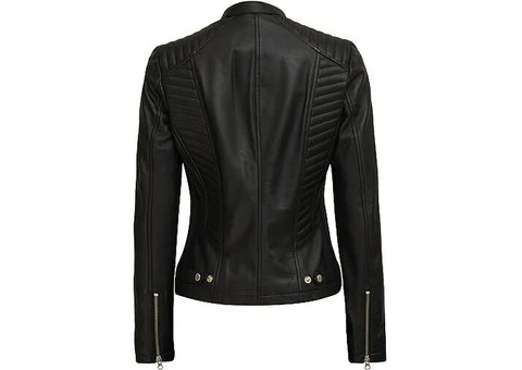 Jorde Calf Women’s Cafe Racer Stand Collar Leather Jacket - 3/3