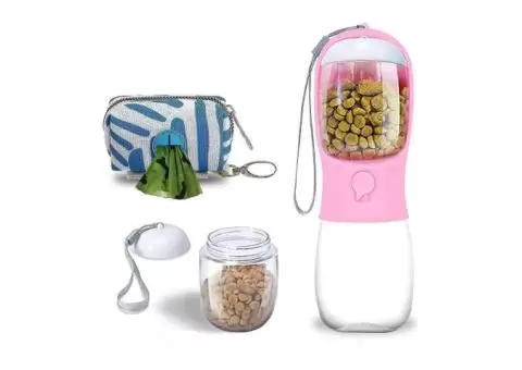 Leak-Proof Portable Dog Water Bottle with Food Dispenser & Poop Bag Holder