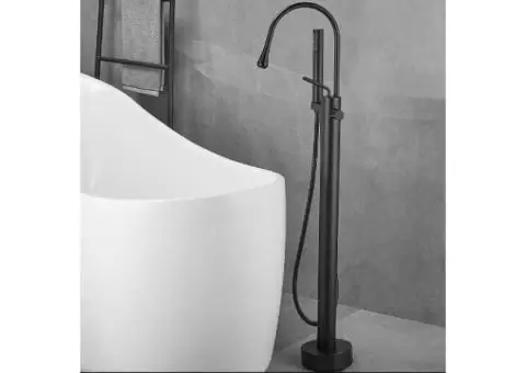 Black Freestanding Floor Mount With Hand Shower Single Handle Brass Bathtub Tap TBS0458 - 2/5