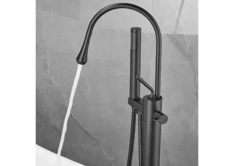 Black Freestanding Floor Mount With Hand Shower Single Handle Brass Bathtub Tap TBS0458 - 3/5