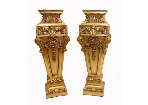 Pair Louis XVI Gilt Pedestal Stands - Marble Top