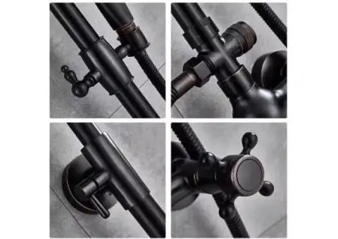 Antique Black Wall Mount Retro Kit Dual Knobs Handheld Spray Brass Shower Taps Set TS0310 - 5/5