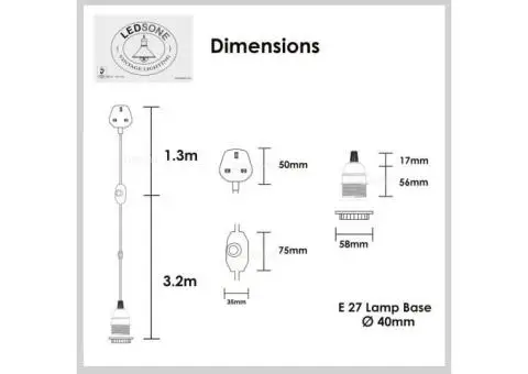Grey Colour Dimmer Switch 4.5m Fabric Flex Cable Plug In Pendant Lamp - 2/5