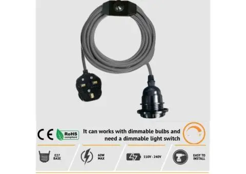 Grey Colour Dimmer Switch 4.5m Fabric Flex Cable Plug In Pendant Lamp - 3/5
