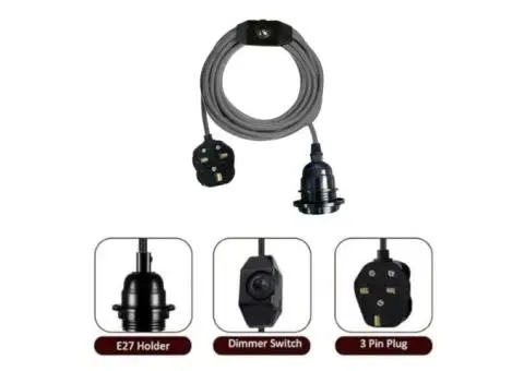 Grey Colour Dimmer Switch 4.5m Fabric Flex Cable Plug In Pendant Lamp - 4/5