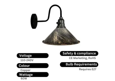 Vintage Shade Metal Retro Copper Colour Wall Light with switch Holder - 3/3