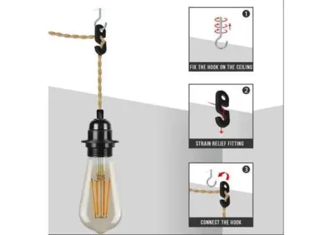 LEDSone Plug-In Hanging Pendant Light with Inline Switch in Black & Hemp - 7/9