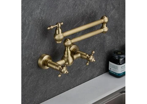 Antique Brass Three Handles Wall Mounted Foldding Kitchen Sink Tap TP0386 - 3/4