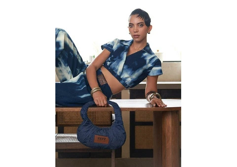 Indigo Tie Dye Denim Draped Pant – Unique Denim Bottoms for Women - 1/3
