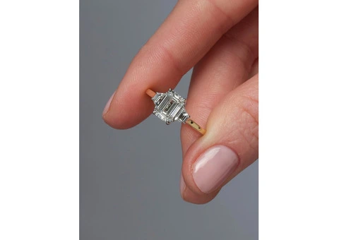 2ct Emerald Cut & Trapezoid Trilogy Ring lab grown diamond engagement rings. - 1/3