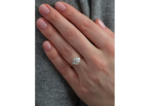 2ct Emerald Cut & Trapezoid Trilogy Ring lab grown diamond engagement rings. - 2/3