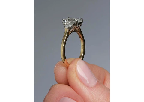 2ct Emerald Cut & Trapezoid Trilogy Ring lab grown diamond engagement rings. - 3/3