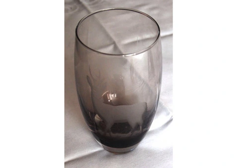 Vase engraved stag design grey glass 17cm height by 9cm at top